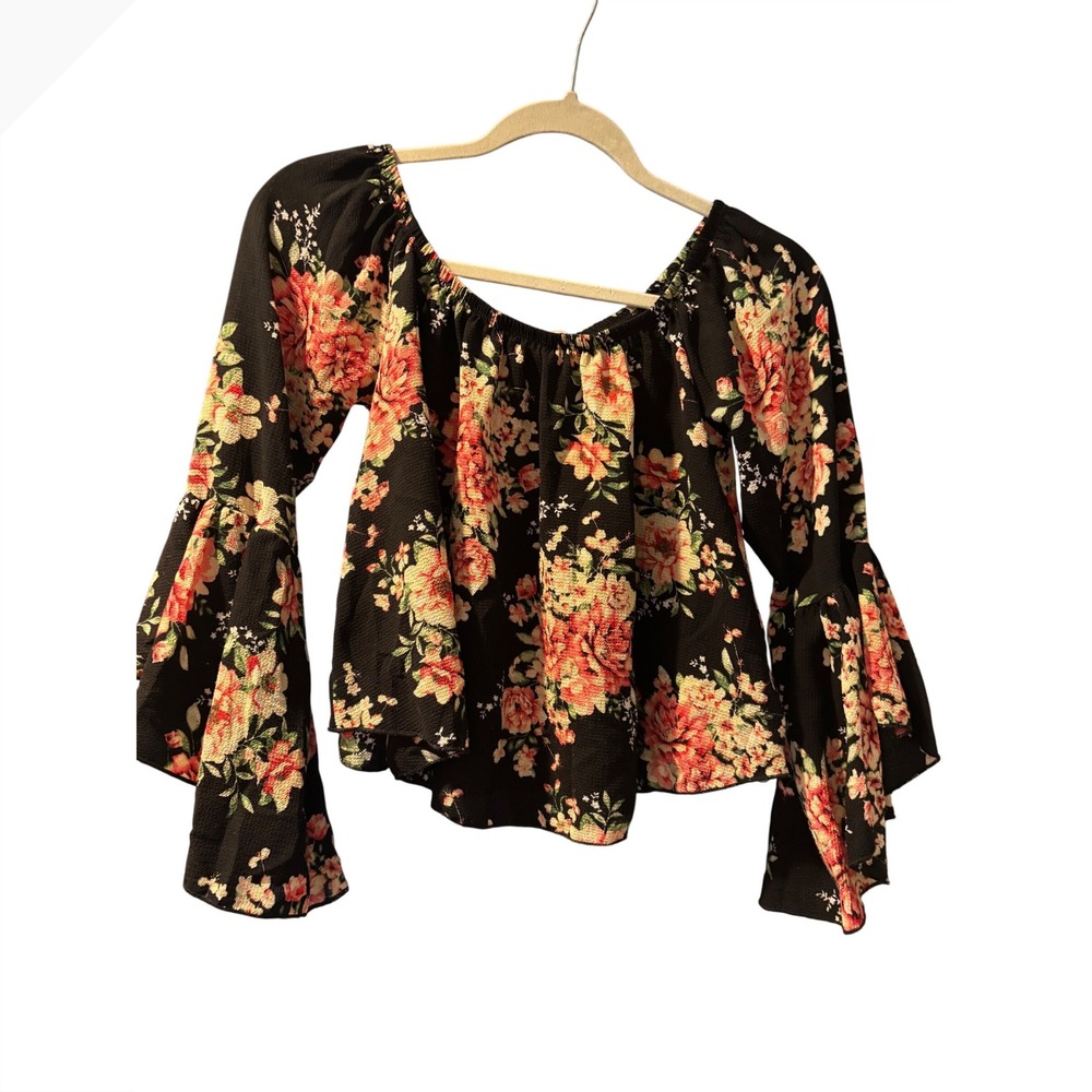 Mikey & Joey Womens Medium Floral Off The Shoulder Bell Sleeve Crop Top Black